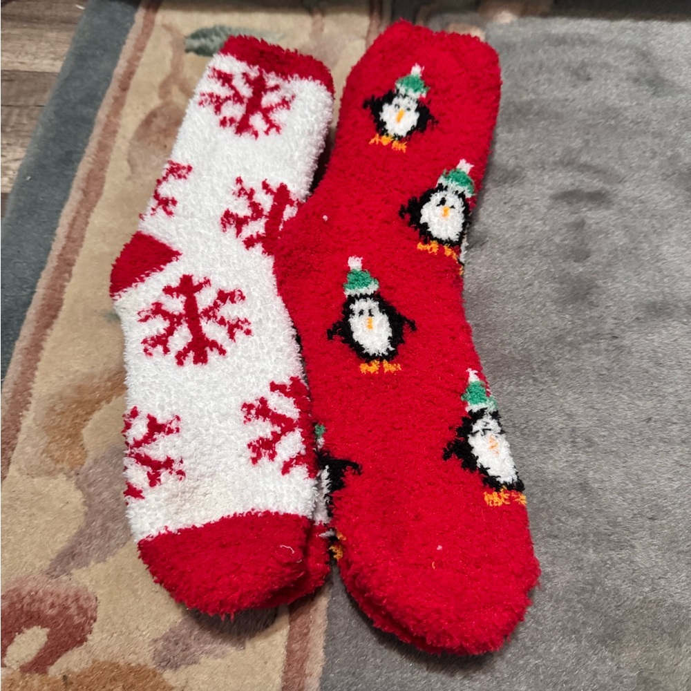 Festive Red and White Fuzzy Socks
